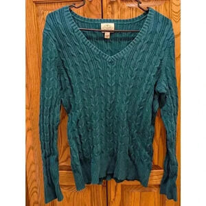 Women's cable knit green colored v-neck cotton blend sweater by St John's Bay, L
